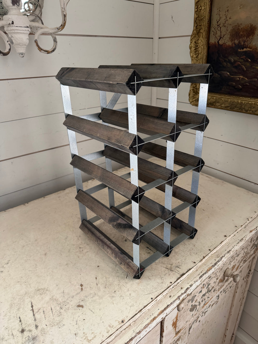 Vintage wood and metal wine rack