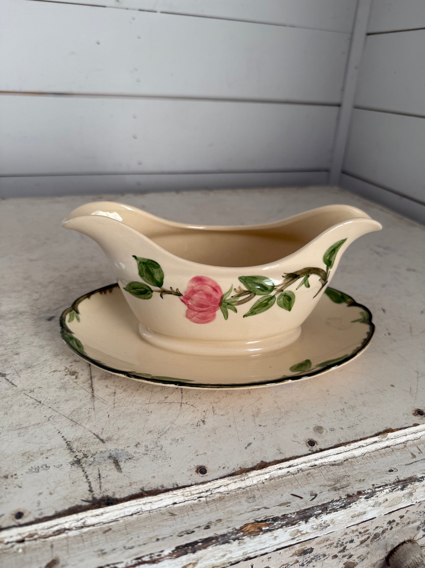 Franciscan Desert Rose Gravy Boat with Attached Base has chip