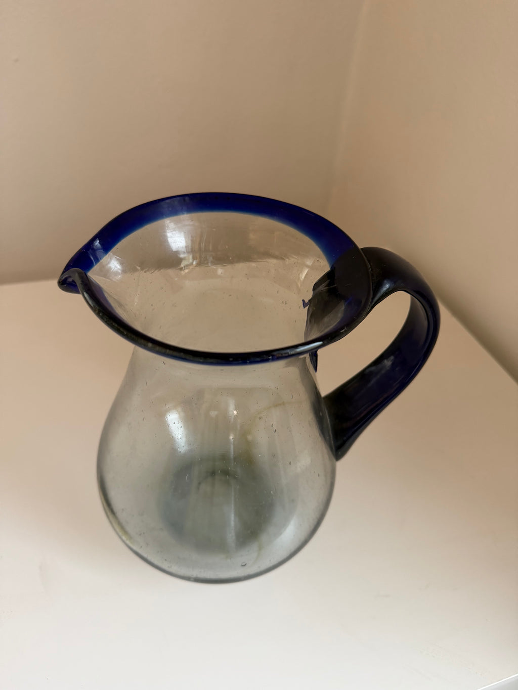 Vintage Mexican Hand Blown Glass Pitcher – Cobalt Blue Rim and Handle 84 oz