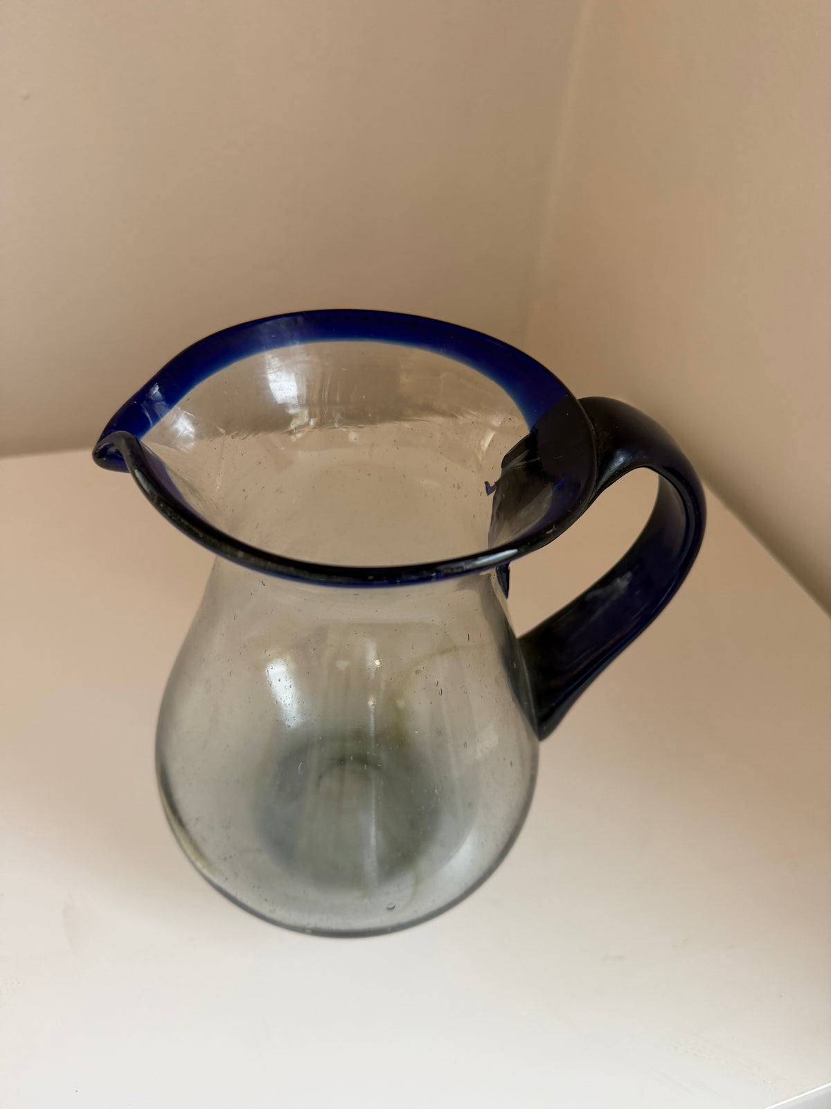 Vintage Mexican Hand Blown Glass Pitcher – Cobalt Blue Rim and Handle 84 oz
