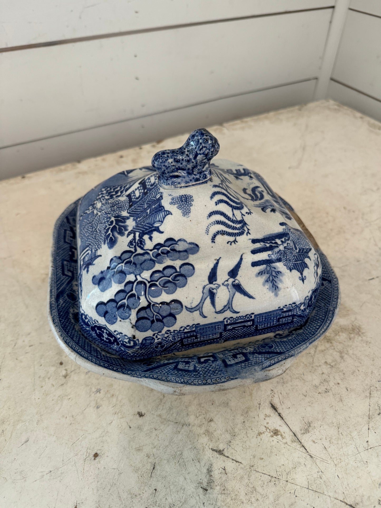 Antique Blue Ironstone Willow tureen has repaired cracks and chips as shown