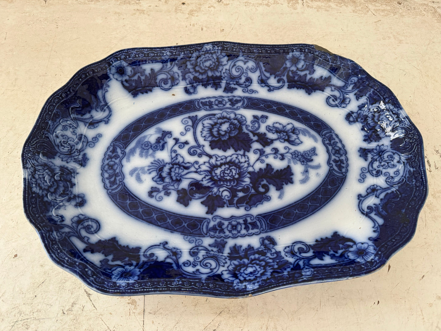 Antique Ironstone Flow Blue Verona Meat Dish or Platter - has repair as shown