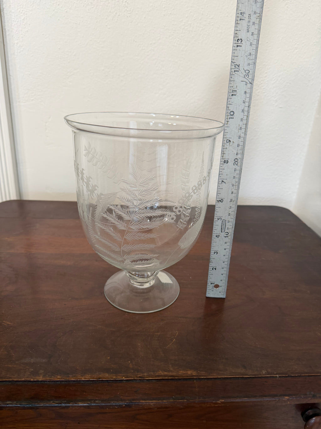 Etched Glass Footed Hurricane Vase