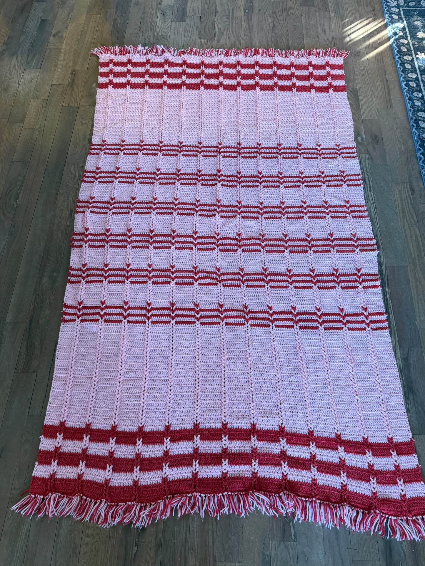 Large Red and Pink Fringed Afghan