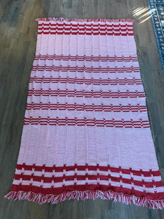 Large Red and Pink Fringed Afghan