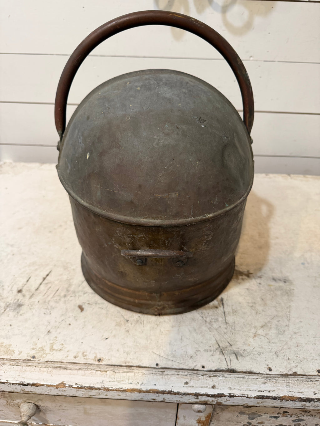 Antique Coal Scuttle With Handle and Half Lid