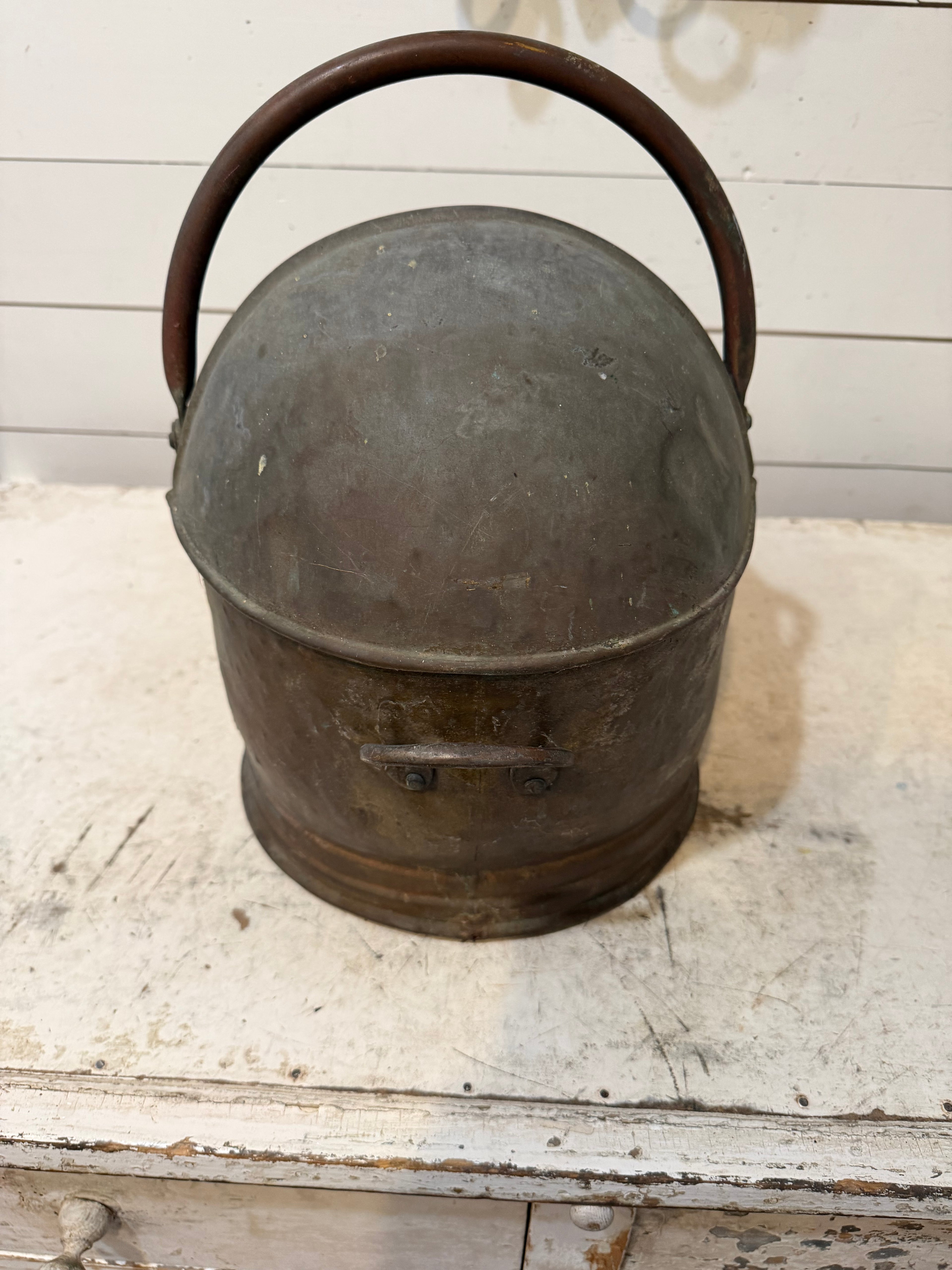 Antique Coal Scuttle With Handle and Half Lid