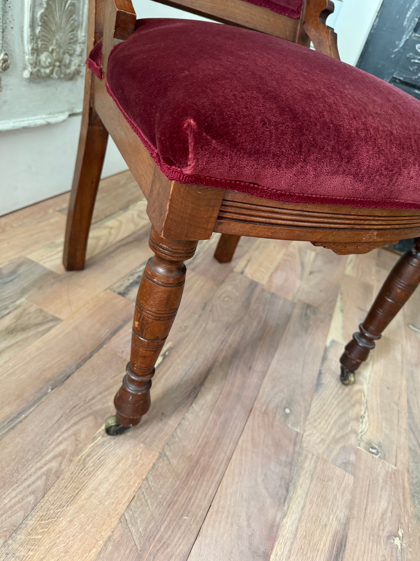 Antique 19th Century Victorian Eastlake Crushed Red Velvet Parlor Side Chair - smells clean and is sturdy