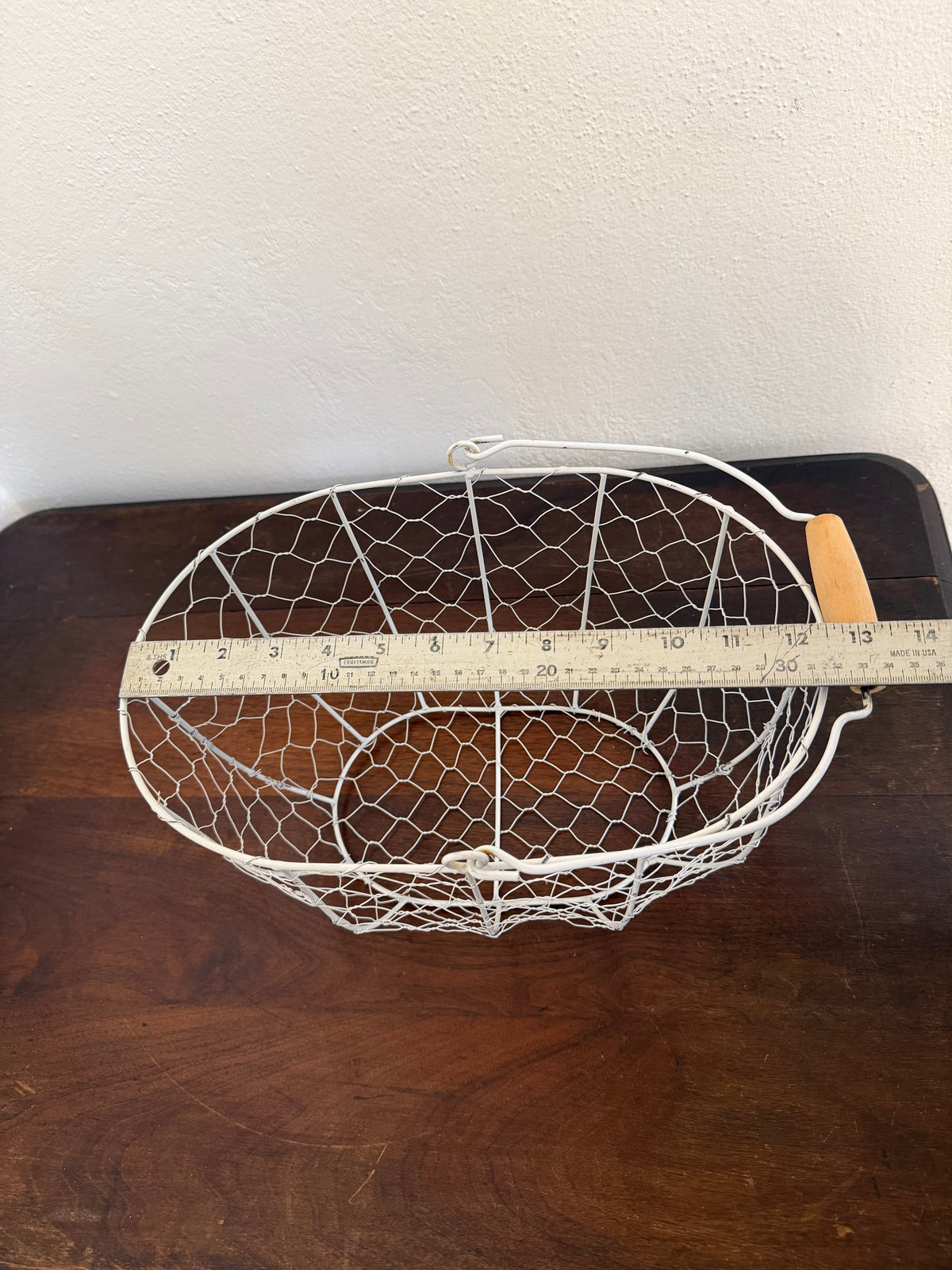 White Chicken Wire Basket with Wood Handle