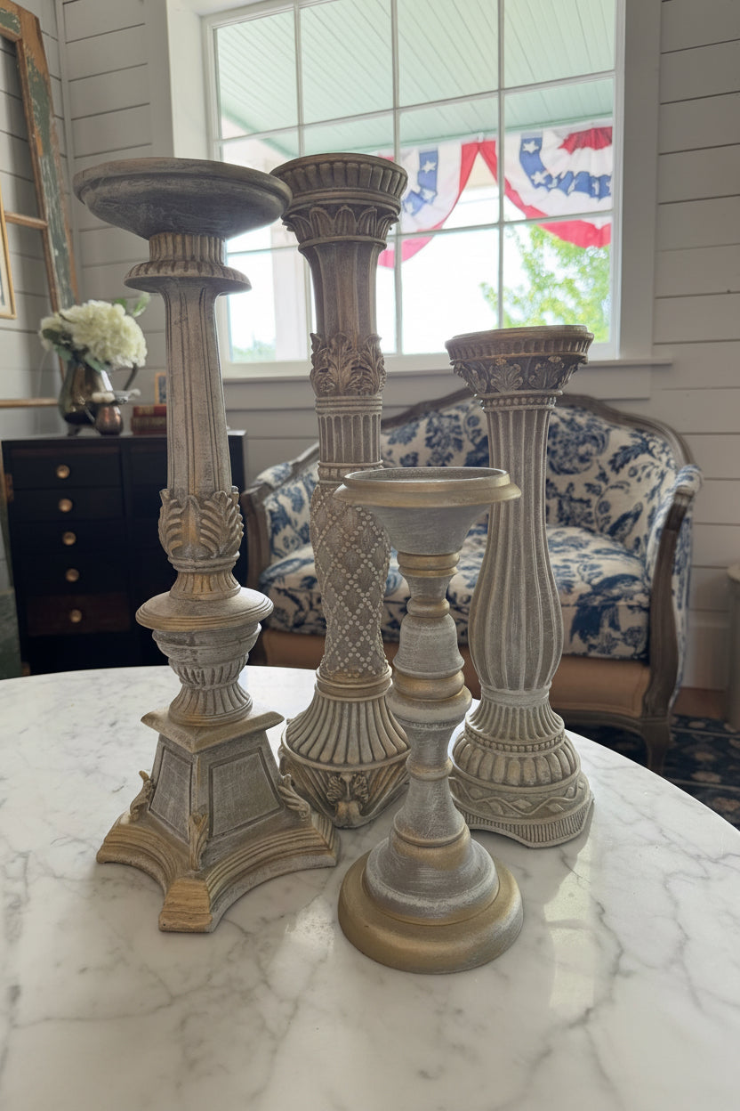 Set of four hand-painted French country candlesticks
