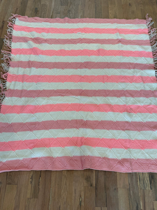 Pink and white striped Afghan with fringe 59x64”
