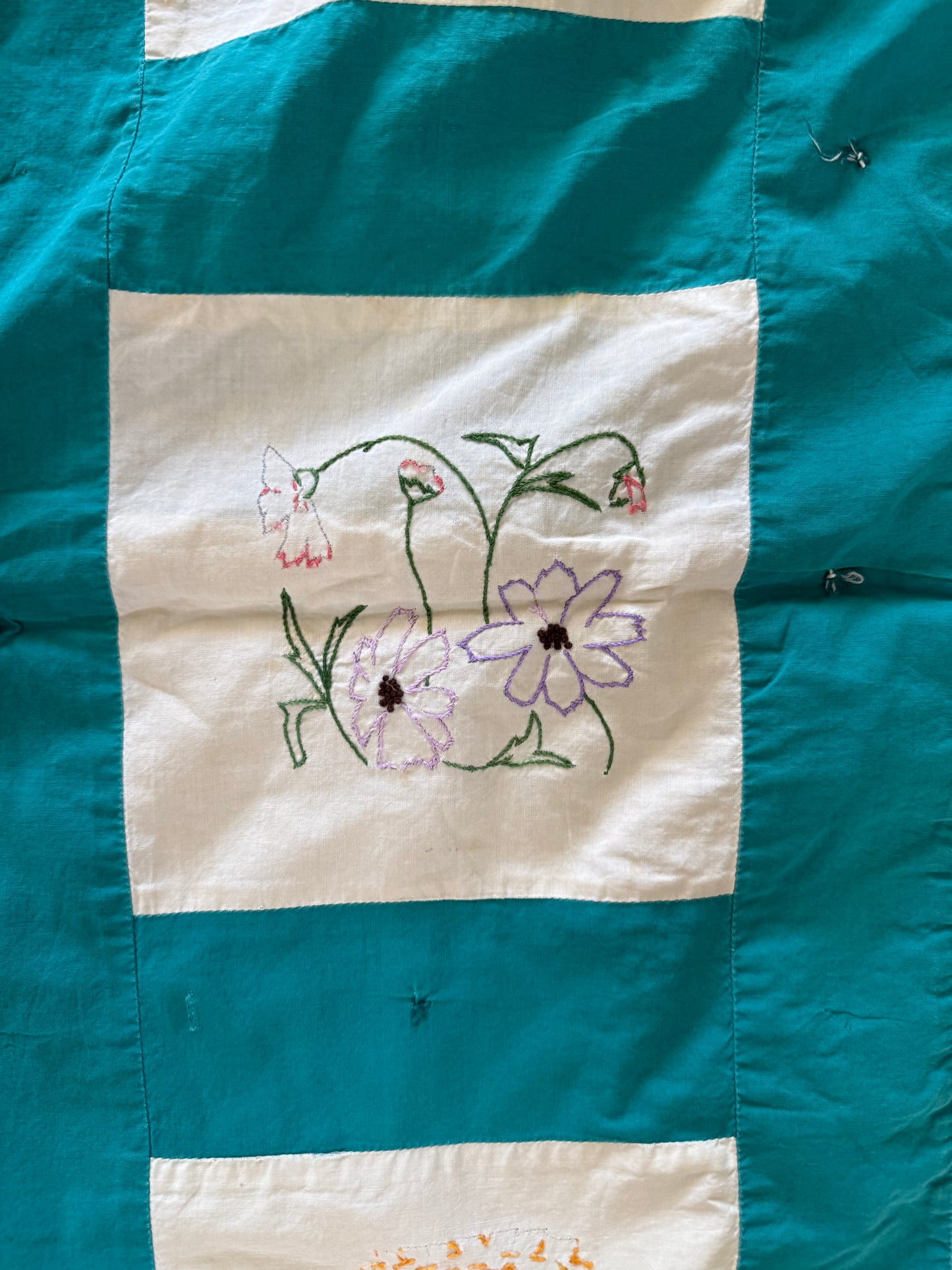 Green squares with embroidered floral full size quilt - hand embroidered homemade