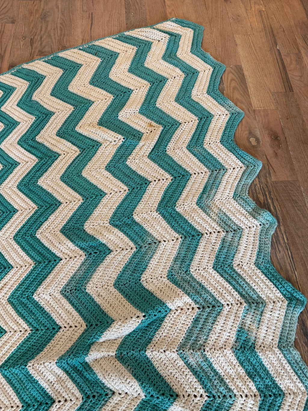 Turquoise & White Chevron Afghan - has imperfections and shown 72x50