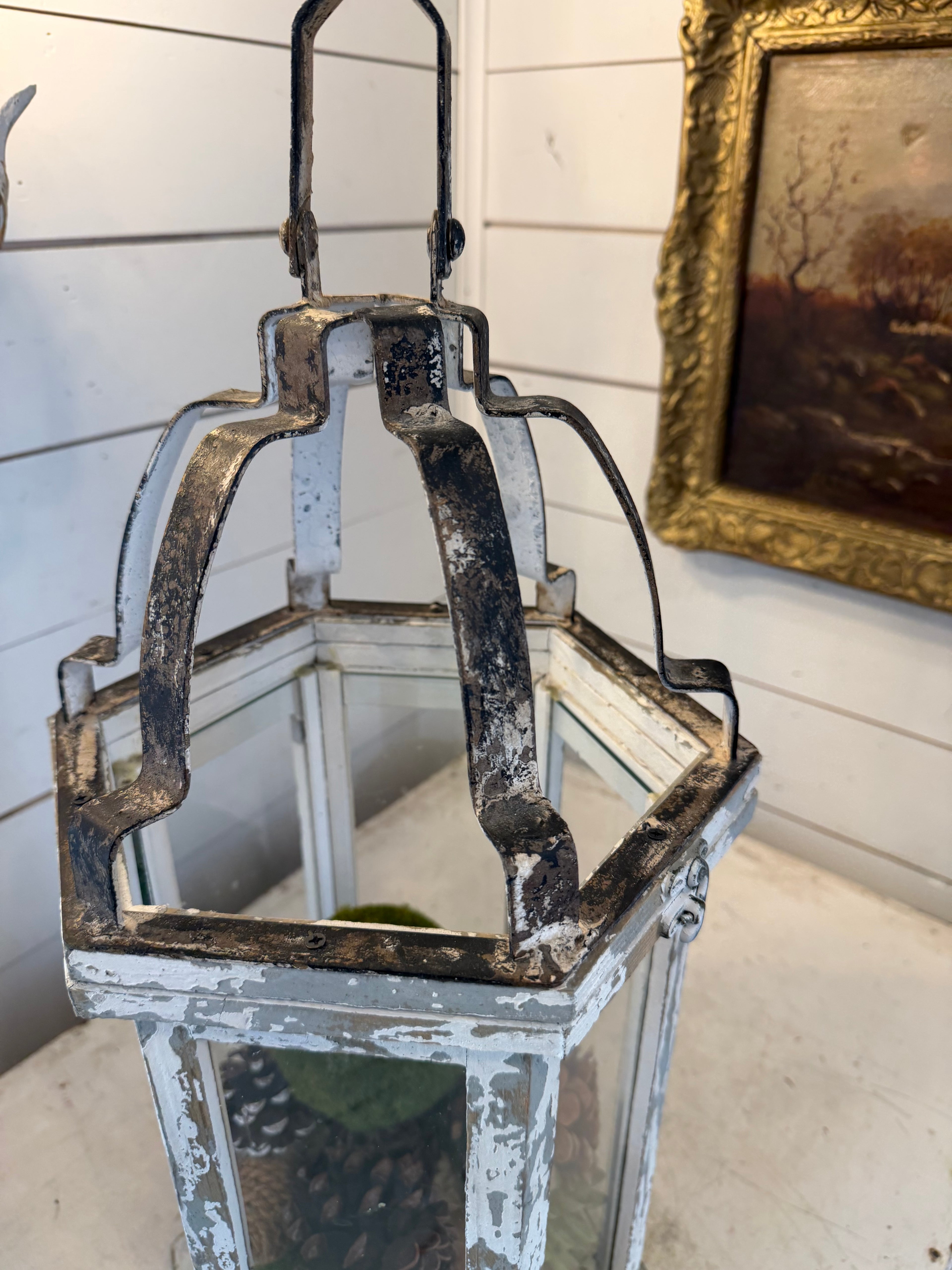 Large Rustic white wood lantern with greenery included