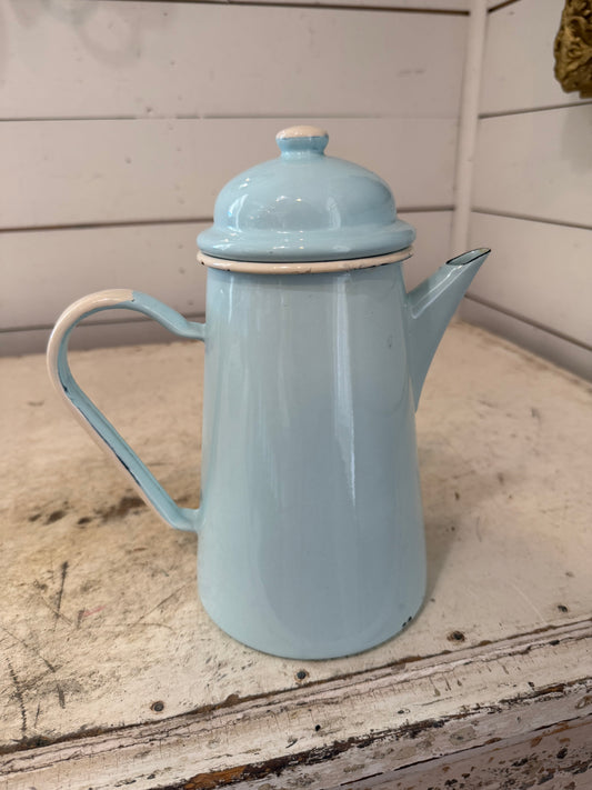 Vintage French Enamel Teapot Light Blue & white