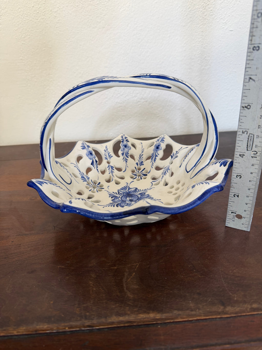 Vintage hand-painted ceramic reticulated (pierced lattice) basket or bowl with a braided handle