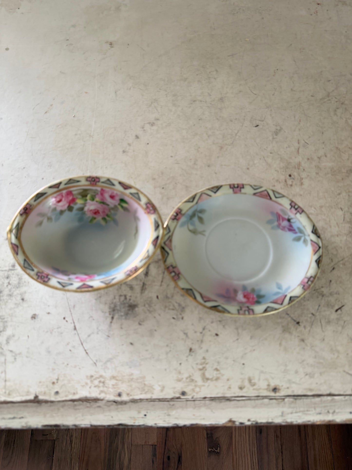 Vintage Nippon porcelain hand-painted dish set with pink rose and geometric