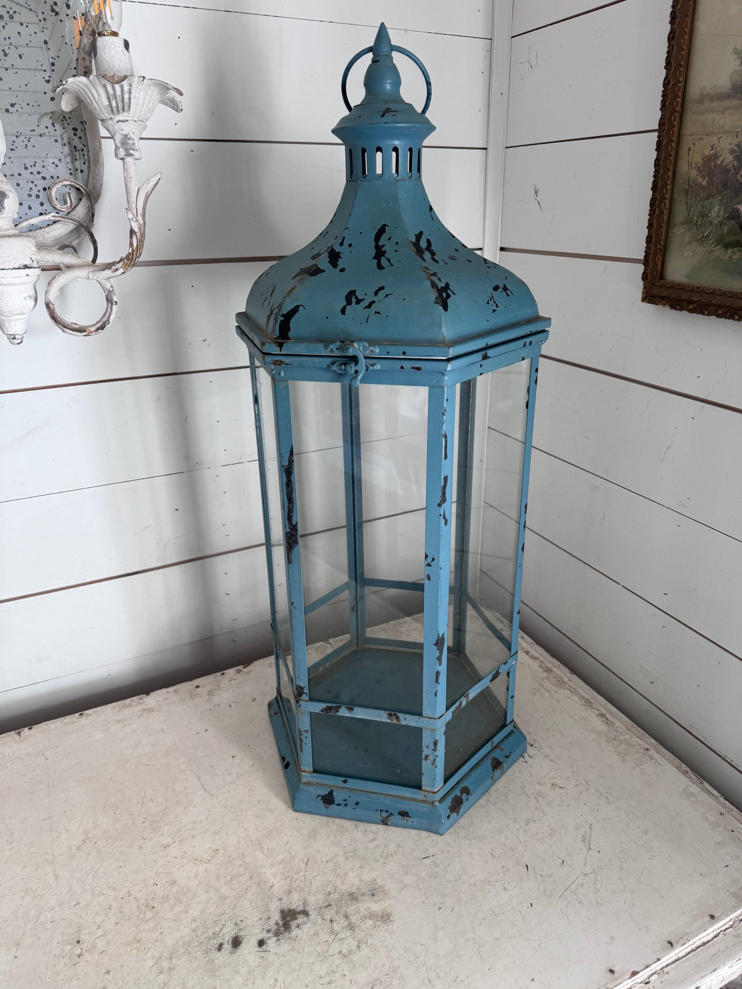 Large outdoor metal hanging lantern 27” tall