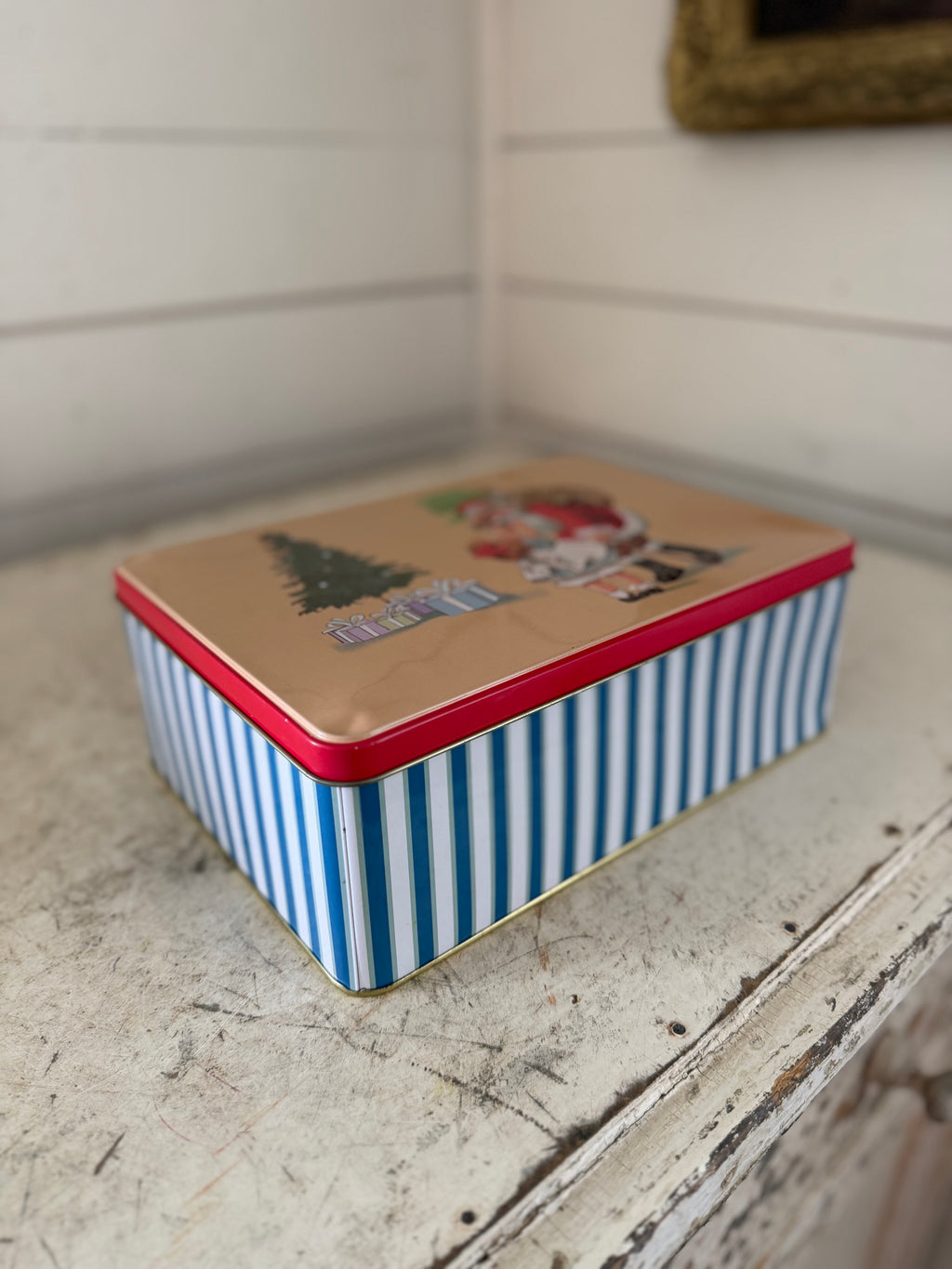 Striped Christmas Tin With Santa