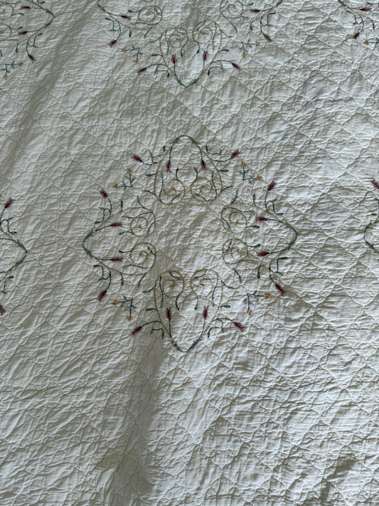 Shabby Queen White Embroidered Quilt - as is see light staining and imperfections