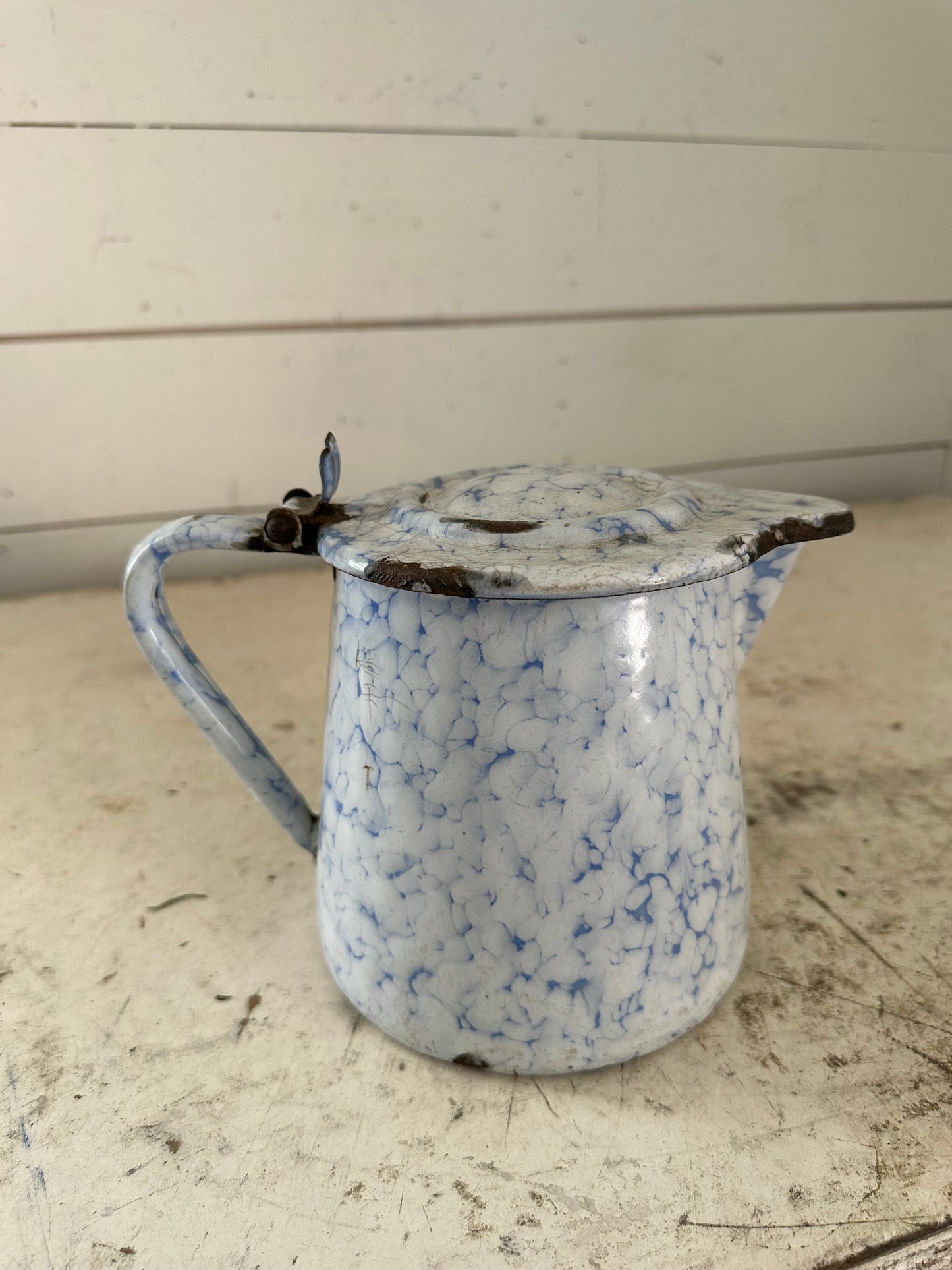 Antique French Blue  and White Enamel Pot with hinged lid