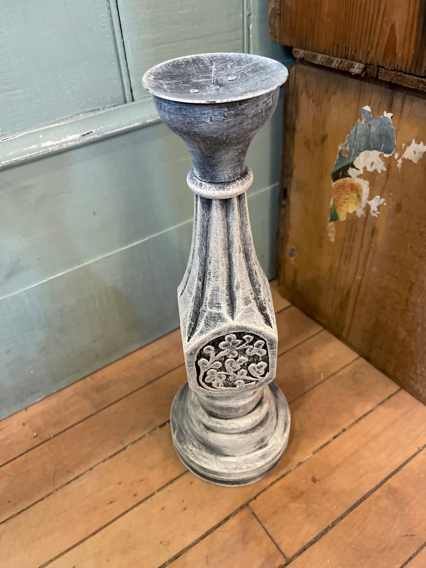 Large hand painted wood candlestick with hand carved floral design