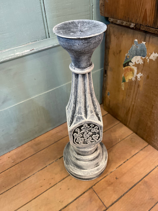 Large hand painted wood candlestick with hand carved floral design