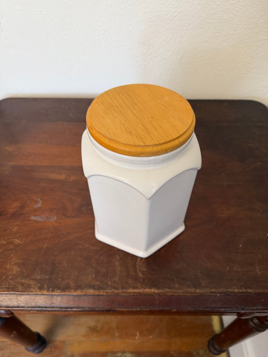 White Glazed Ceramic Canister With Wood Lid