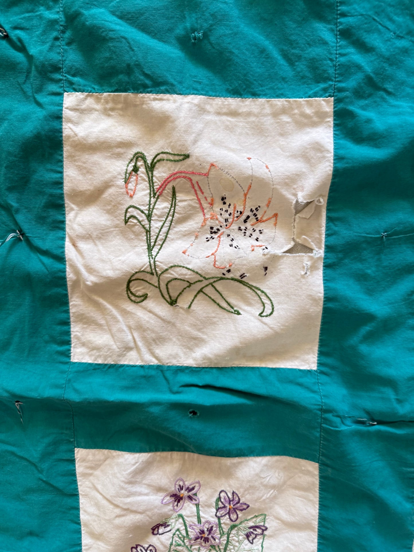 Green squares with embroidered floral full size quilt - hand embroidered homemade