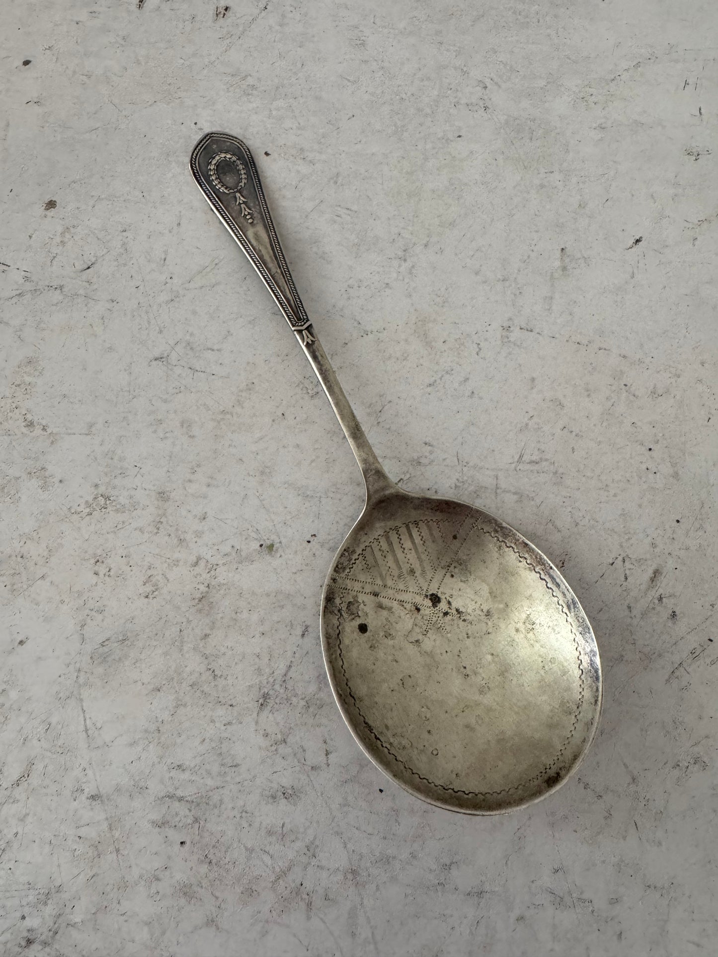 Antique Dutch Style Engraved Silver Plate Serving Spoon