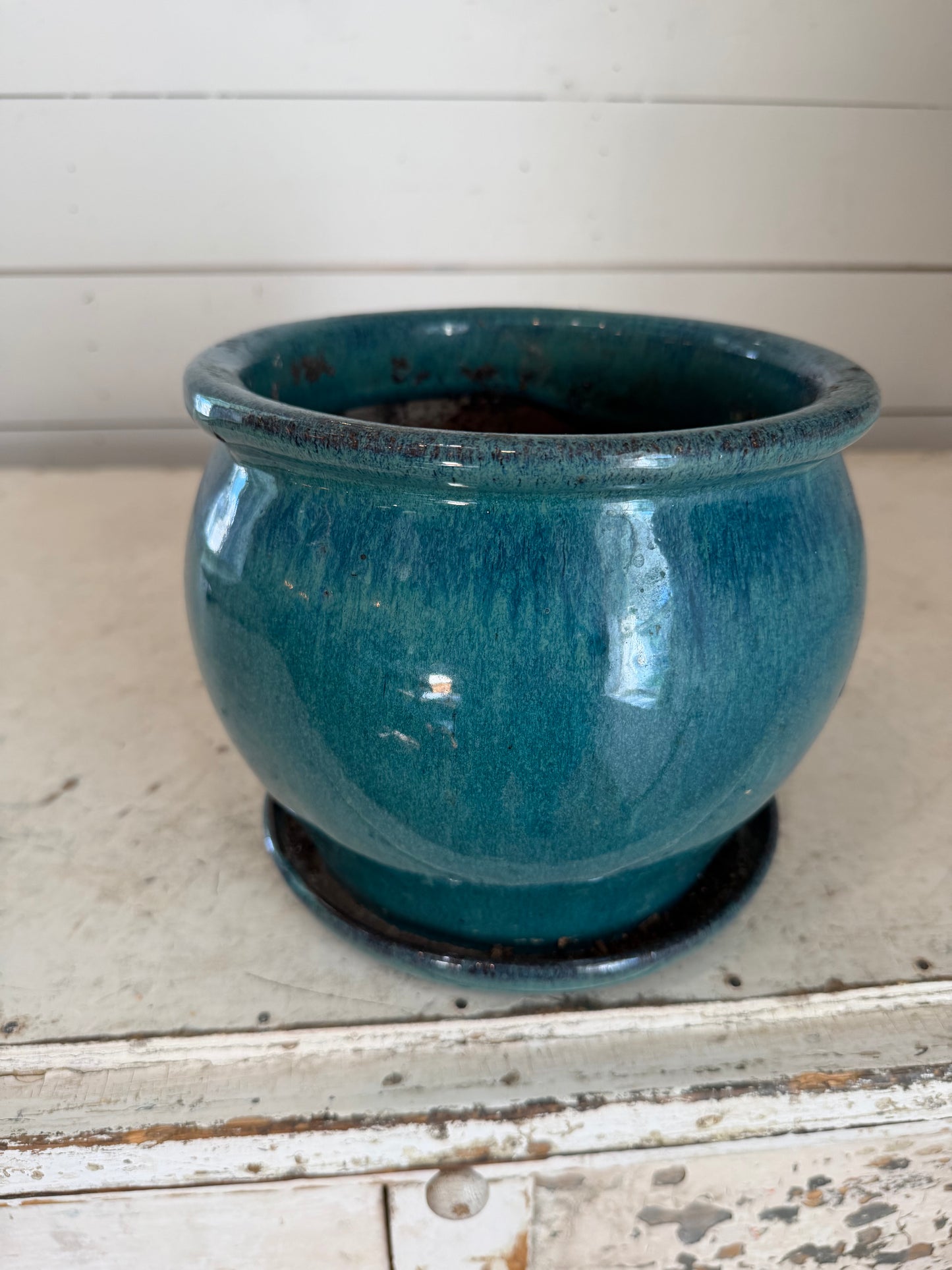Aqua colored artisan planter