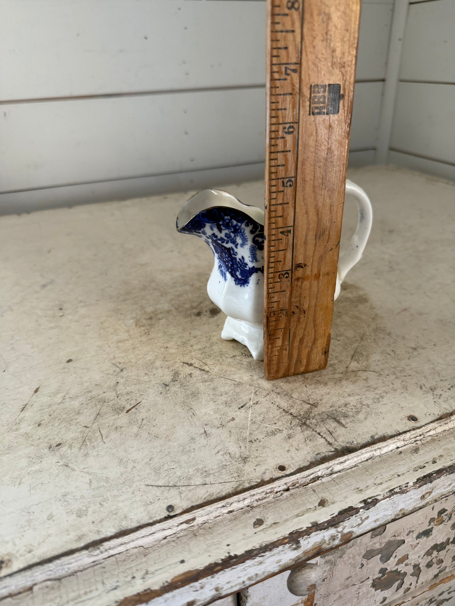 Antique flow blue creamer small pitcher handle has been glued back on