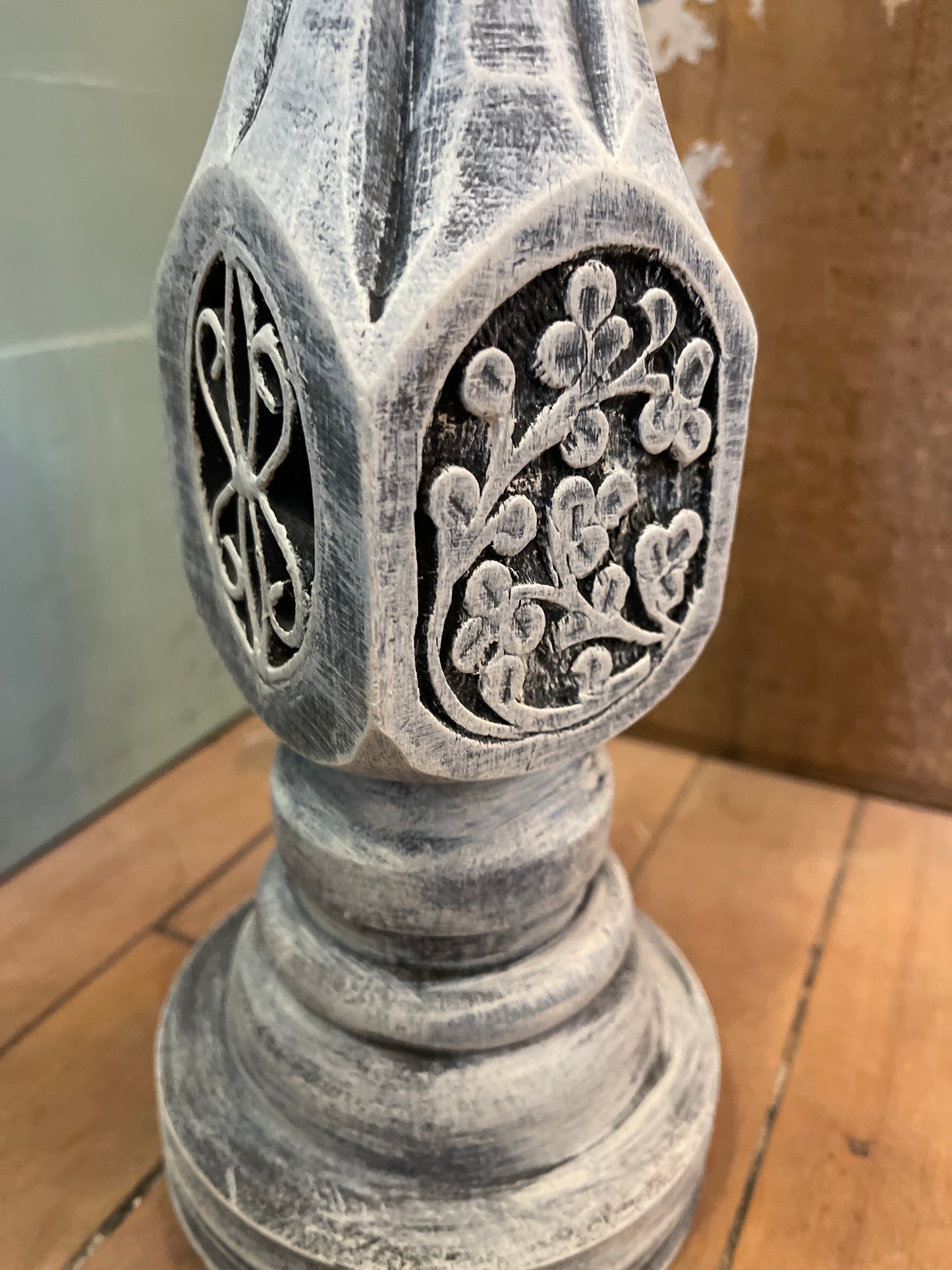 Large hand painted wood candlestick with hand carved floral design