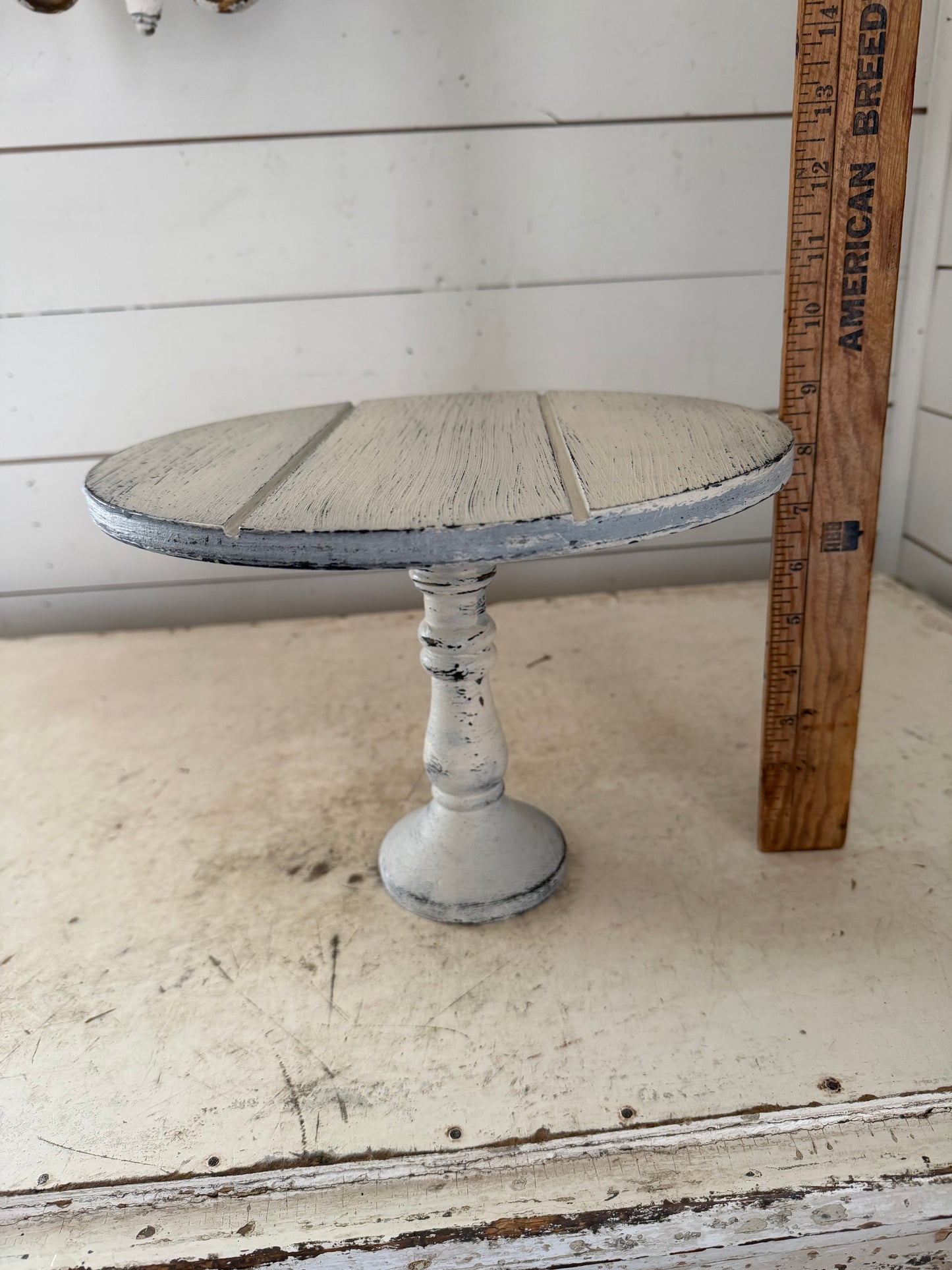 Distressed wood cake stand pedestal with slats in the top