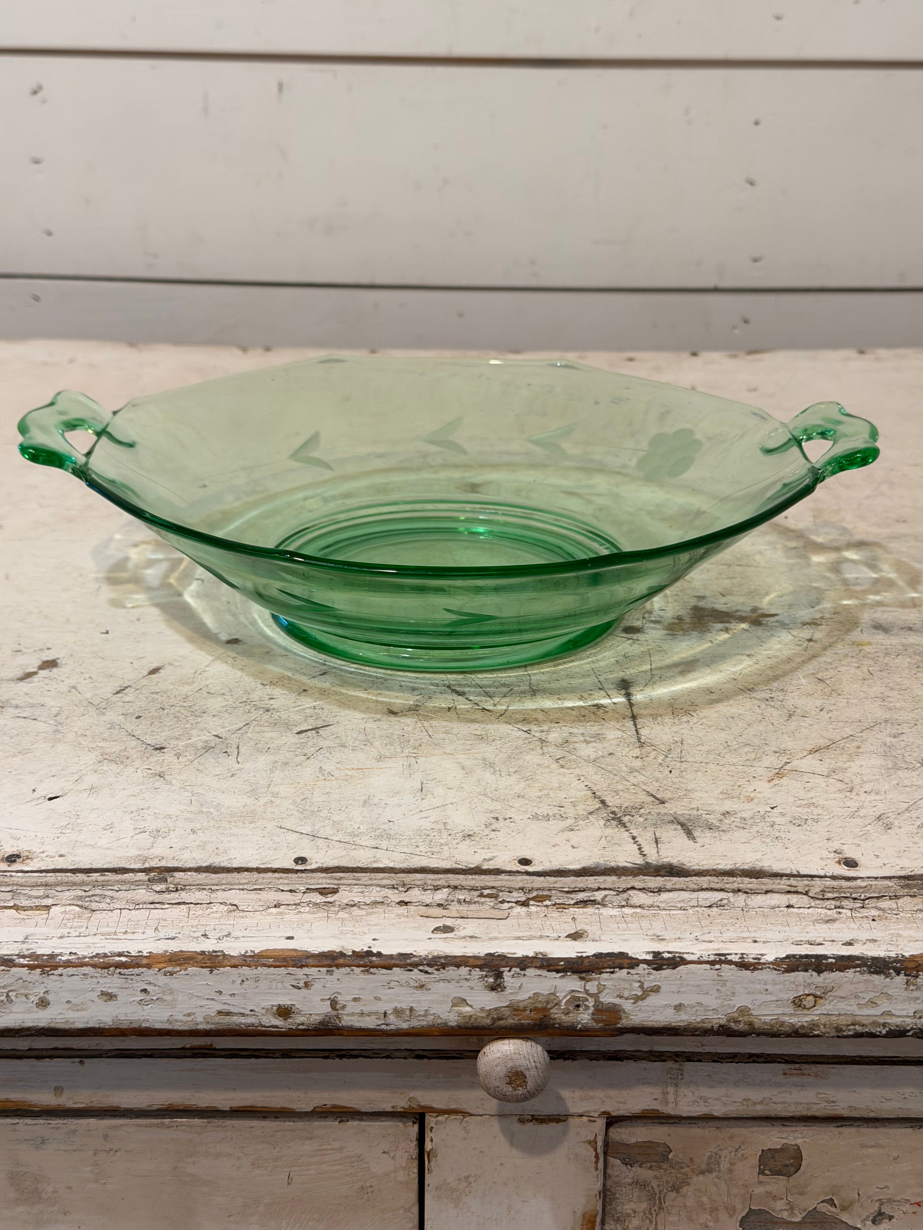 Antique Uranium Green Glass With etching and Handles