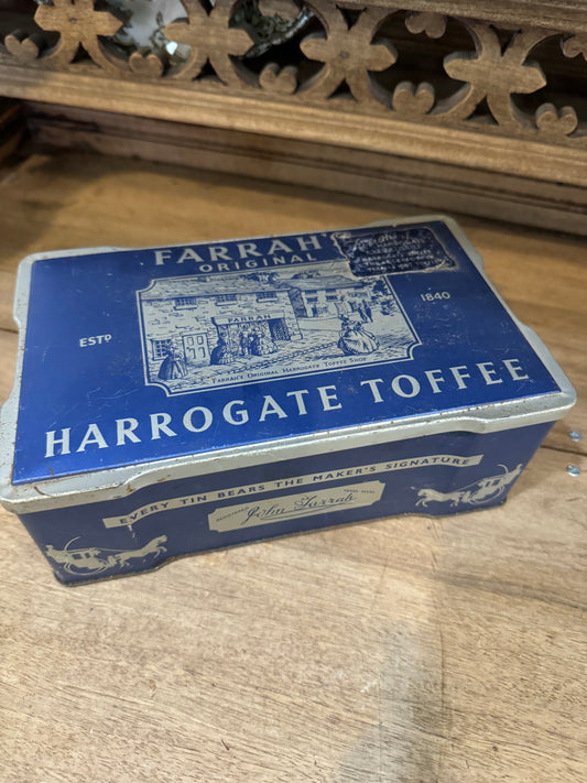 Vintage Farrah's Original Harrogate English Toffee Tin Container Blue Silver