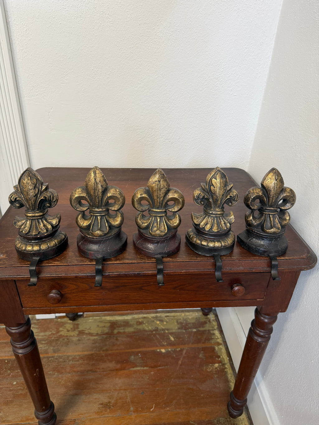 Stocking Holders ornate, distressed gold and dark brown fleur-de-lis SOLD INDIVIDUALLY