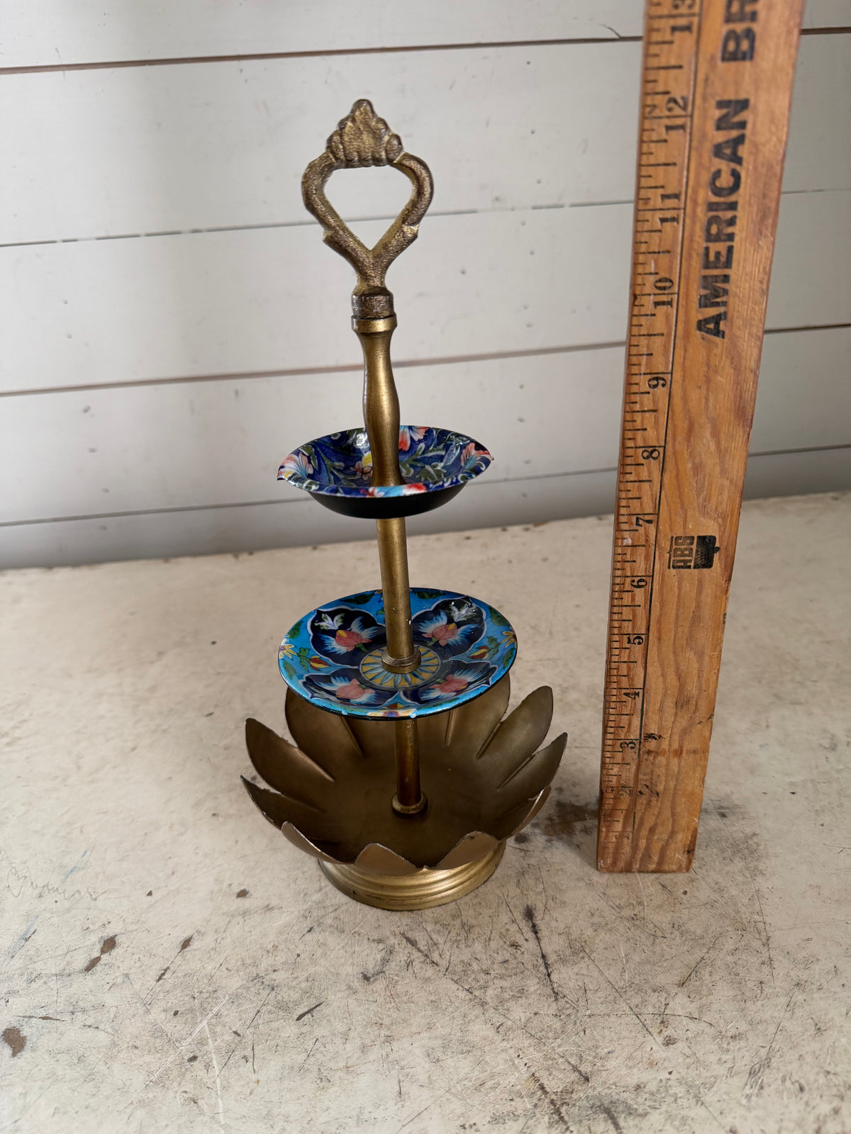 Vintage brass lotus jewelry stand with floral trays