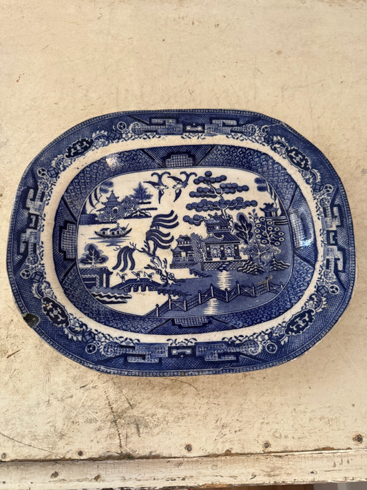 Antique ironstone blue Willow platter as is
