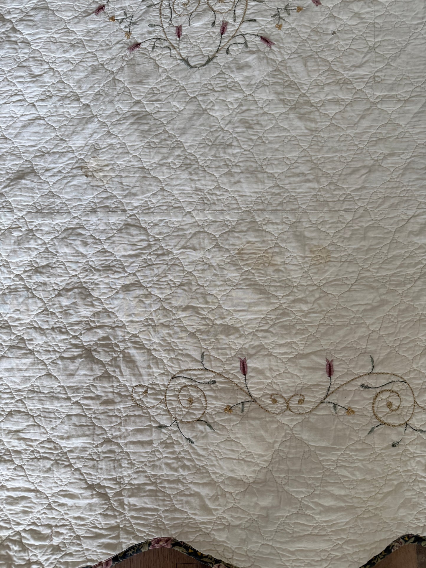 Shabby Queen White Embroidered Quilt - as is see light staining and imperfections