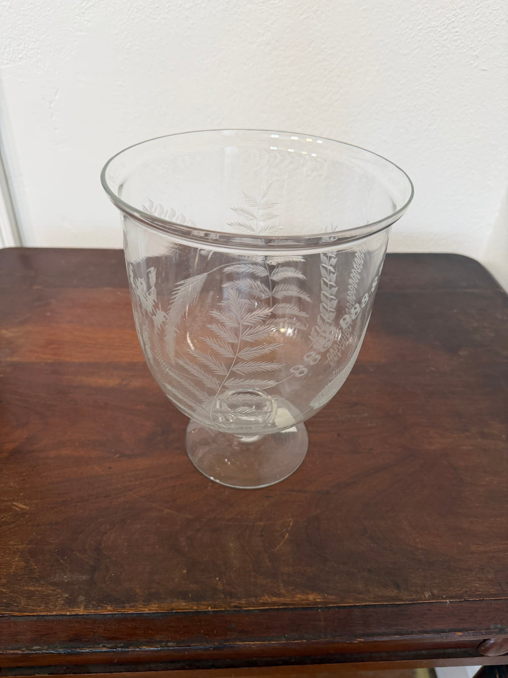 Etched Glass Footed Hurricane Vase