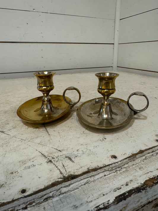 Vintage Silver over brass chamberstick candleholder set