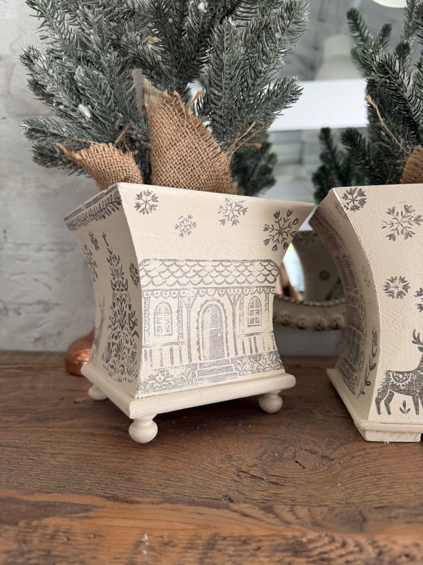 Set of Hand Stamped & Painted Gingerbread Lane Planters - Greenery not included
