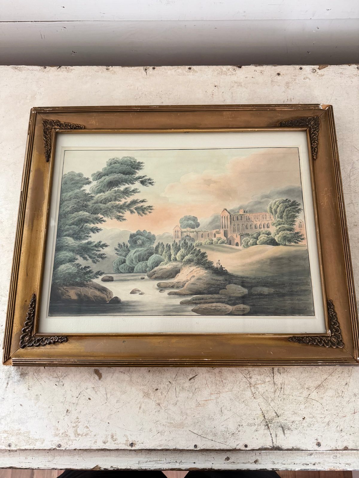 Vintage Framed Watercolor “Abby By The River”
