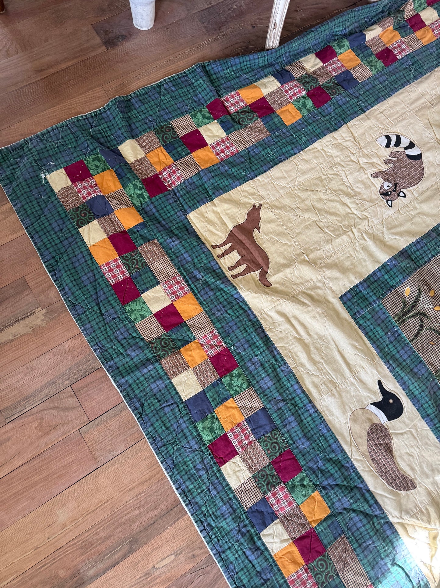 Queen Size cabin Woodland Pieced Quilt - perfectly shabby faded and worn rips and tear