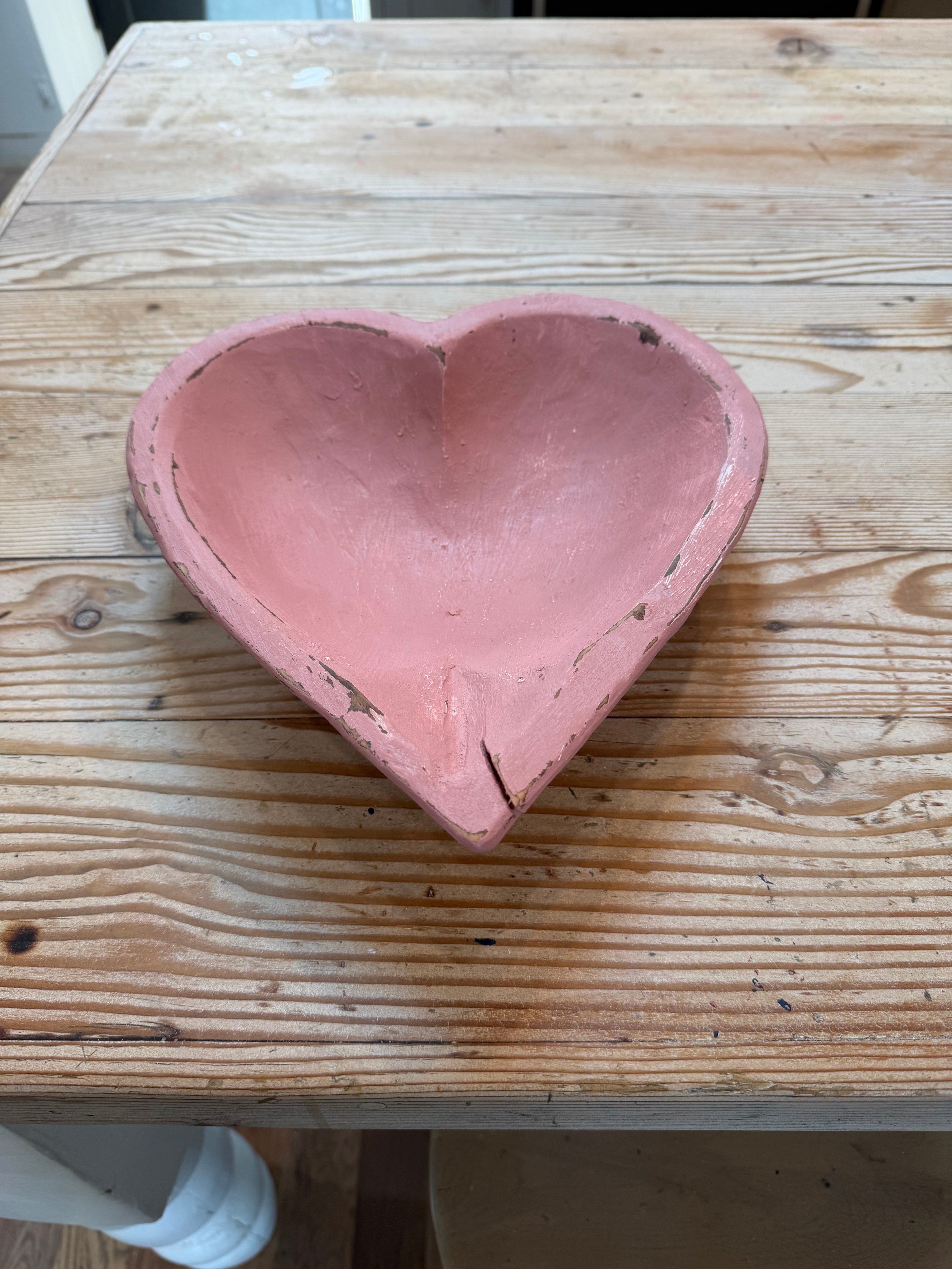 Handmade Rustic Large Heart Shaped Wood Dough Bowl Paint Pink With Veranda