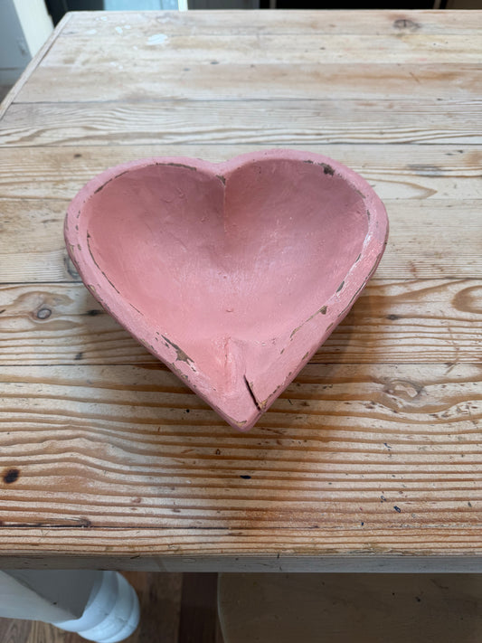 Handmade Rustic Large Heart Shaped Wood Dough Bowl Paint Pink With Veranda
