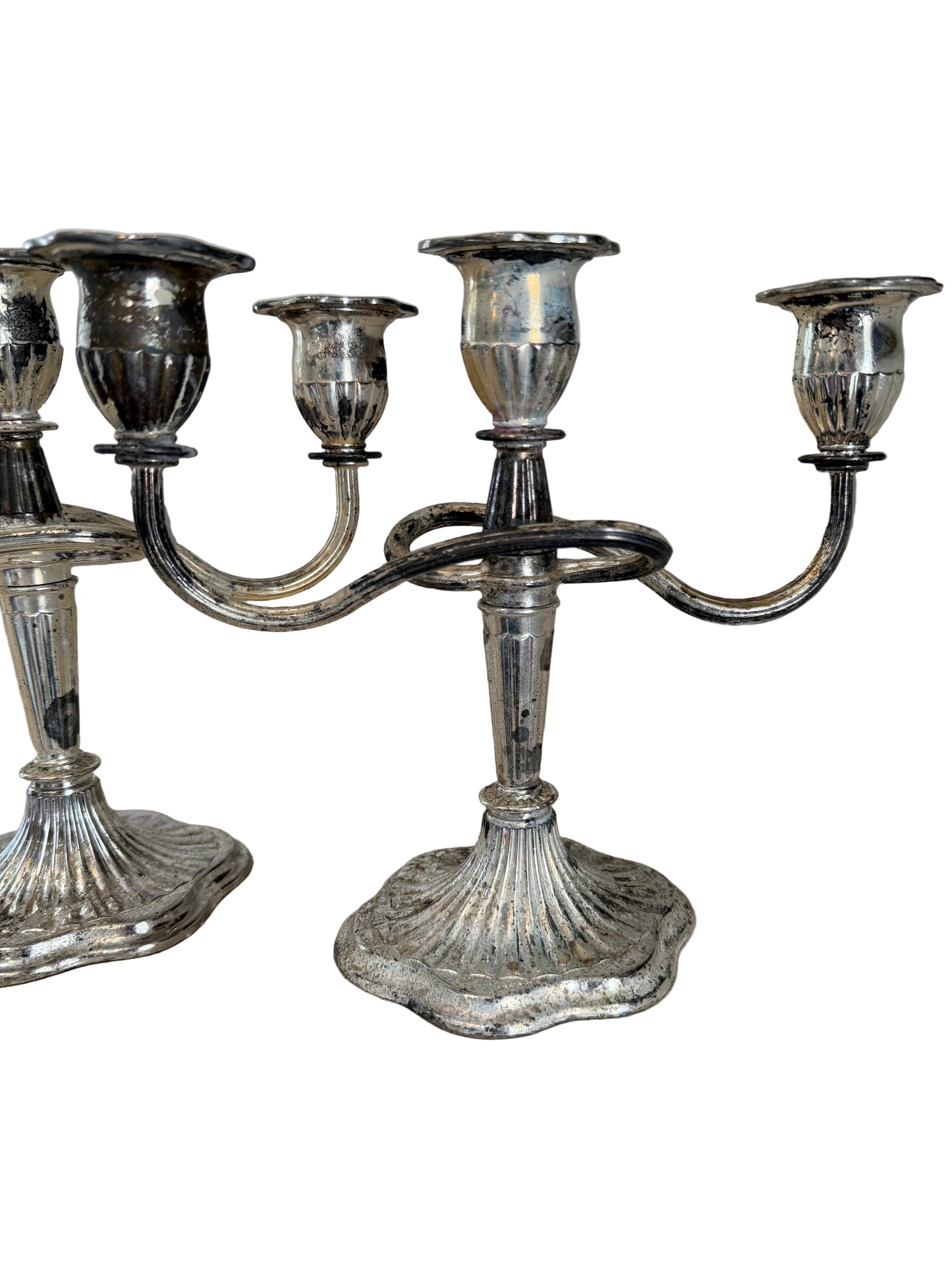 Vintage English Silver Plate on zinc Pair Of 3 Holder Candelabras - as is