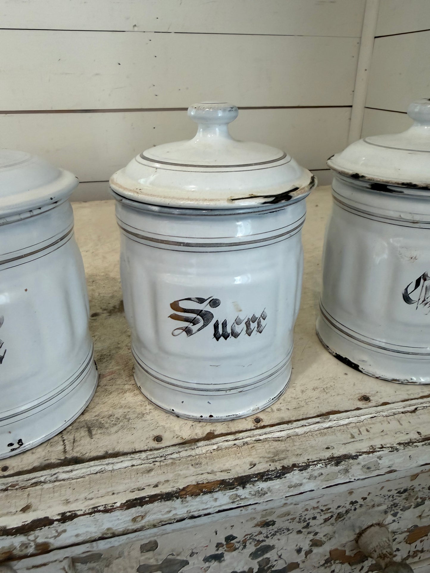 Antique French  white enamelware canisters set of 3