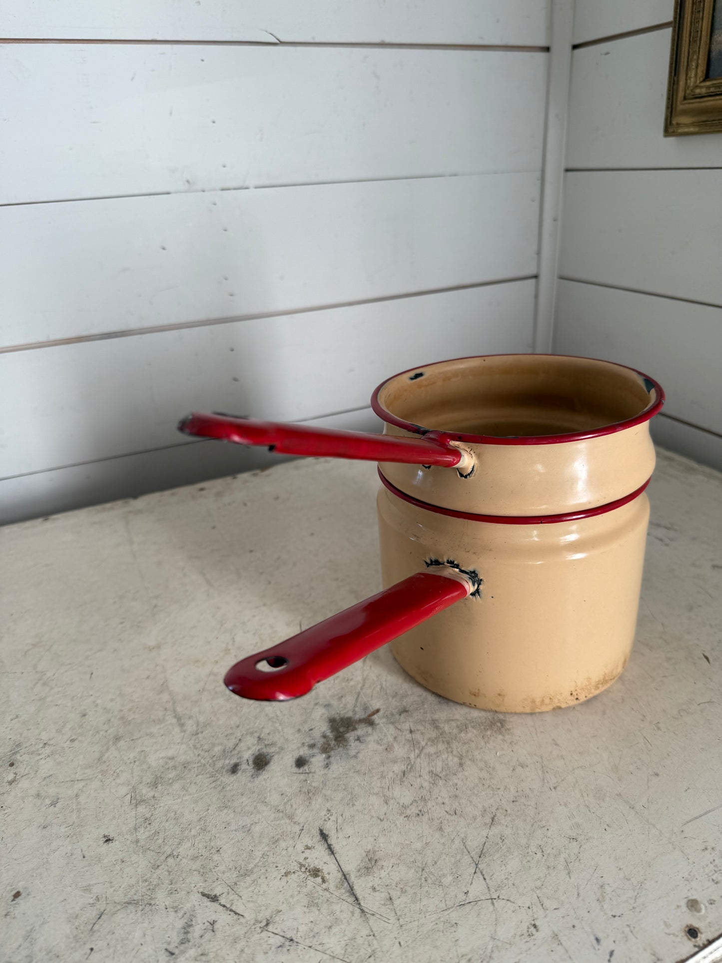 Vintage enamel double boiler missing lid